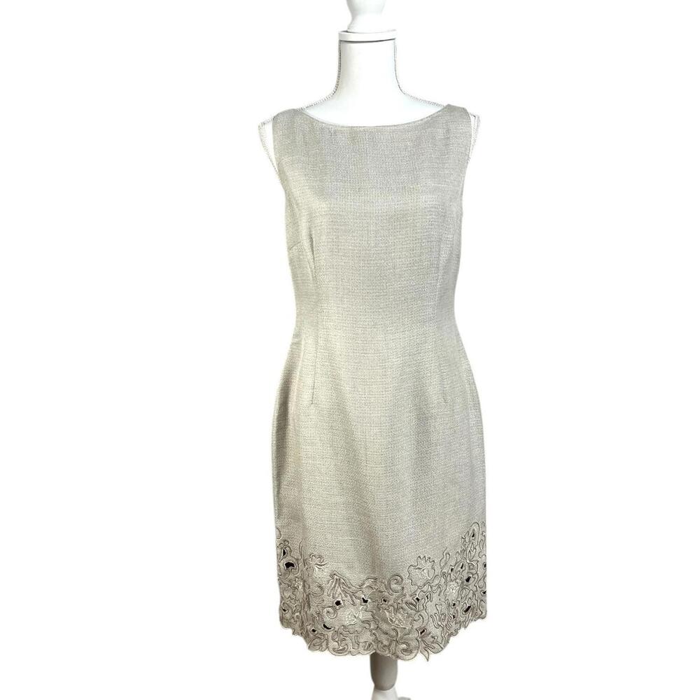 Kay Unger New York Dress Womens 10 Beige Floral Sheath Cocktail Lace Hem